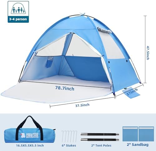 COVACURE Beach Tent Sun Shelter for 3-4 Person - UPF 50+ UV Protection Beach Shade, Waterproof & Lightweight, Easy Setup Portable Sun Canopy for Camping, Fishing, Beach