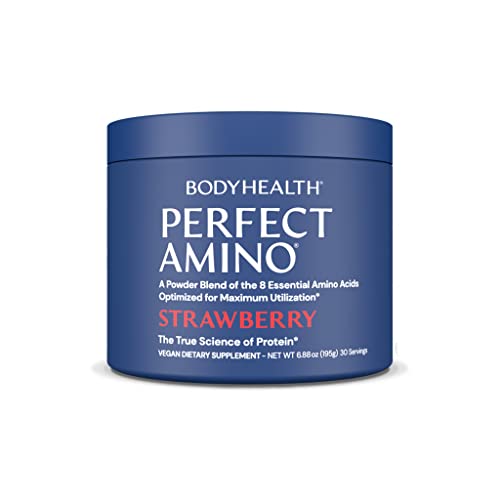 BodyHealth PerfectAmino Powder Strawberry (30 Serving) Best Pre/Post Workout Recovery Drink, 8 Essential Amino Acids Energy Supplement with 50% BCAAs, 100% Organic, 99% Utilization