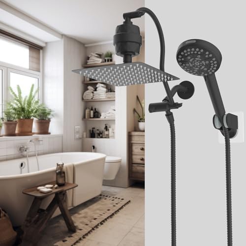 Hibbent All Metal 10'' Dual Filtered Rainfall Shower Head Combo, High Pressure Handheld Shower Head with 12'' Adjustable Curved Extension Arm, 20 Stage Shower Filter, 10-spray, 71'' Hose, Matte Black