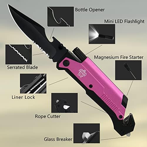 8.5" Military Outdoor Hunting Camping Pocket Knife, 7 in 1 Multi-Function Folding Knives with Fire Starter LED Light Seatbelt Cutter Glass Breaker Bottle Opener Tactical Blade (Pink)