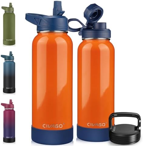CIVAGO 40 oz Insulated Water Bottle With Straw, Stainless Steel Sports Water Cup Flask with 3 Lids (Straw, Spout and Handle Lid), Double Walled Travel Thermal Canteen Mug, Deep Orange