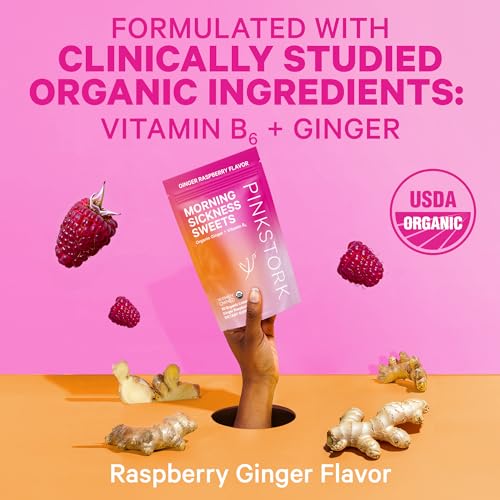 Pink Stork Morning Sickness Sweets, Organic Raspberry Ginger Candy with Vitamin B6 for Support and Occasional Motion Sickness, Pregnancy Must Haves - 30 Wrapped Drops