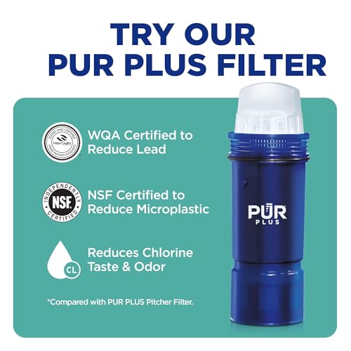 PUR 30-Cup Water Filter Dispenser with 1 Genuine PUR Filter, Large 30-Cup Capacity, 2-in-1 Powerful, Faster Filtration, Lasts 2 Months or 40 Gallons, Dishwasher Safe, White/Blue (DS1800Z)