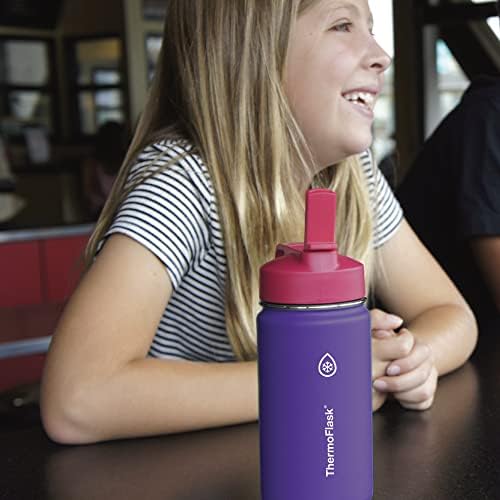 ThermoFlask Kids Bottle with Straw Lid - Durable & Dishwasher-Safe Water Bottles & Lids - Leak-Proof Bottle Lid Design - Reusable Water Bottles for Everyday Use - 14 oz, Punch/Eggplant (2 Pack)