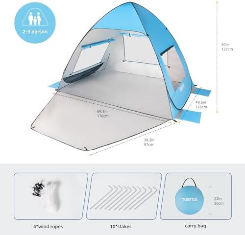 TOBTOS UPF 50+ Pop Up Beach Tent, Easy Set Up Beach Umbrella, Sun Shelter for 2-3 People UV Protection Portable Sunshade, Baby Canopy Cabana, Lightweight with Carry Bag