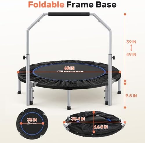 BCAN 40/48" Foldable Mini Trampoline Max Load 330lbs/440lbs, Fitness Rebounder with Adjustable Foam Handle, Exercise Trampoline for Adults Indoor/Garden Workout