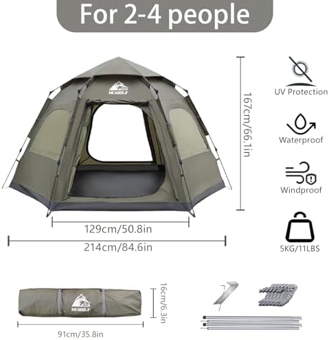 Hewolf 2/3/4 Person Camping Tent - Instant Pop Up Waterproof 2 Doors Tent with Easy Setup | 3-Season Hexagonal Dome Design for Family, Hiking & Traveling