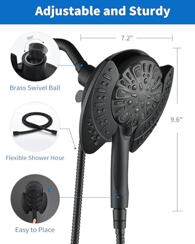 2-in-1 Shower Head with Handheld Combo: 2.5GPM Rainfall & Handheld Shower Head Use Together or Alone, 9 Spray Settings Hand Held Shower Head with Hose, Black