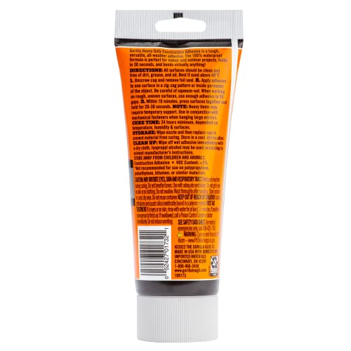 Gorilla Heavy Duty Construction Adhesive, White Glue, 7 Ounce Squeeze Tube (Pack of 2) - Gap Filling and Waterproof