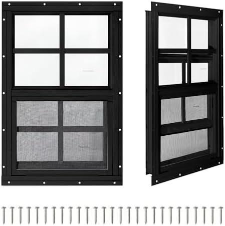 COLORPAPA 2 Pack Shed Windows,12" x 18" Small Sliding Windows,Flush Mount Windows with Tempered Glass and Fiberglass Screen for Shed, Chicken Coop, Playhouse, Household, Garage, Barns (Black)