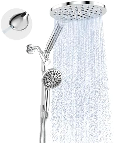 Dual Handheld Shower Head Combo, 2-in-1 Rain Shower Heads System 8 Inch Rainfall Shower Head and 10 Modes High Pressure Hand Held Showerhead with Built-in Power Wash