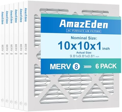 10x10x1 AC Air Filter MERV 8 (6-Pack) MPR 600 FPR 5 HVAC Furnace Pleated Filters Dust Defense Air Filters Replacement (Exact Dimensions: 9.81x9.81x0.81 Inches)