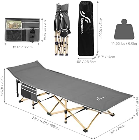 Sportneer Camping Cot: 1200D Double Layer Oxford Foldable Camping Cots for Adults - Heavy Duty Cots for Camping Travel Tent Day Outdoor & Home Guest, Camping Cots with Carry Bag & 2 Side Pockets
