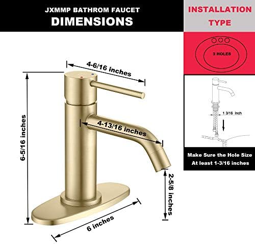 Brushed Gold Bathroom Faucet Single Hole, JXMMP Brass Single Handle Bathroom Sink Faucet with Pop Up Drain Assembly and 6 inch Deck Plate