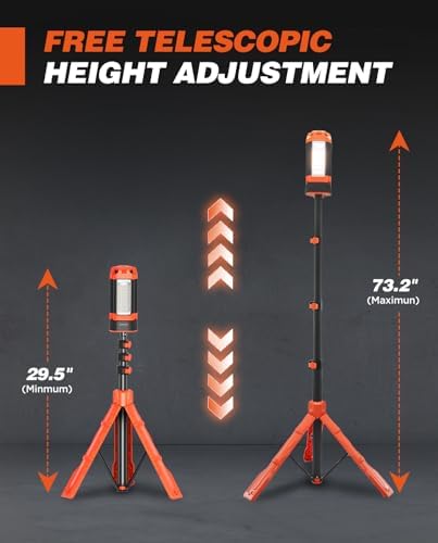Saker Portable Camping Light with Stand 73.2" Rechargeable Work Light 800/3200 Lumen 4000/6500K Dimmable Camping Light for Outdoor Work, Power Outages, Fishing LD10 Orange