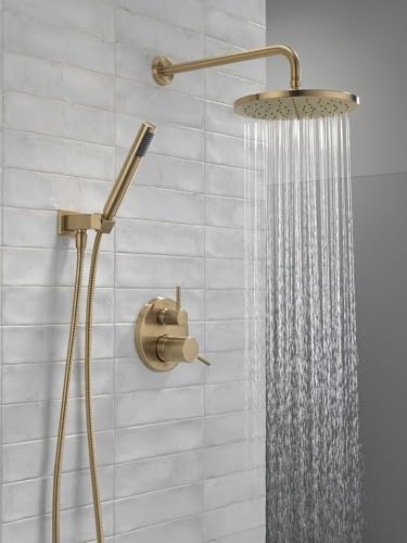 Delta Faucet Modern Raincan 2-Setting Round Shower System Including Rain Shower Head and Handheld Spray Gold, Rainfall Shower System Gold, Shower Valve and Trim Kit, Champagne Bronze 342702-CZ