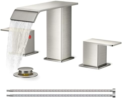 FORIOUS Widespread Bathroom Sink Faucet 3 Hole Brushed Nickel, 2 Handles Waterfall Bathroom Faucet with Metal Pop-up Drain and 24" Hot and Cold Water Hoses, Suitable for Vanity RV Restroom