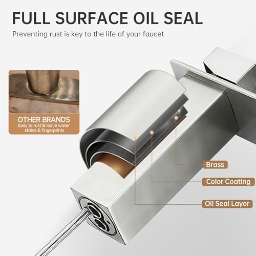 Fransiton Brushed Nickel Waterfall Bathroom Faucet Lavatory Single Handle 1 or 3 Hole Bathroom Sink Faucet Washbasin Faucet with Deck and Pop-up Drain