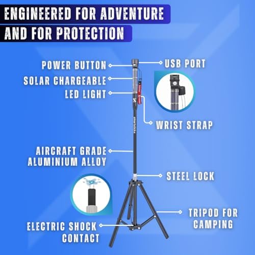 Tactical Walking Stick Staff Self Defense Stun Gun, 2 Bright LED Light Modes, Military Grade Aluminum, USB Charging Port/Fan, Outdoor Adventures, Trekking, Survival Hiking Tactical Tool