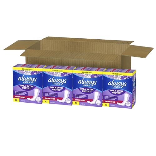 Always Daily Extra Protect Liners, Extra Long Length, Unscented Panty Liners, Feel Clean and Comfortable for up to 10 Hours, 92 Count x 4 Packs (368 Count Total) (Packaging May Vary)