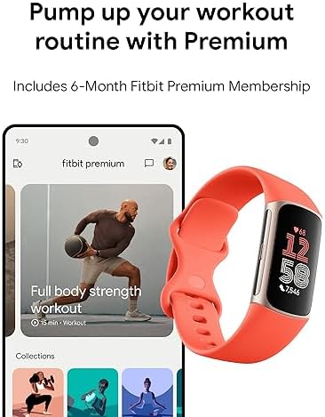 Fitbit Charge 6 Fitness Tracker with Google apps, Heart Rate on Exercise Equipment, 6-Months Premium Membership Included, GPS, Health Tools and More, Gold/Coral, One Size (S & L Bands Included)