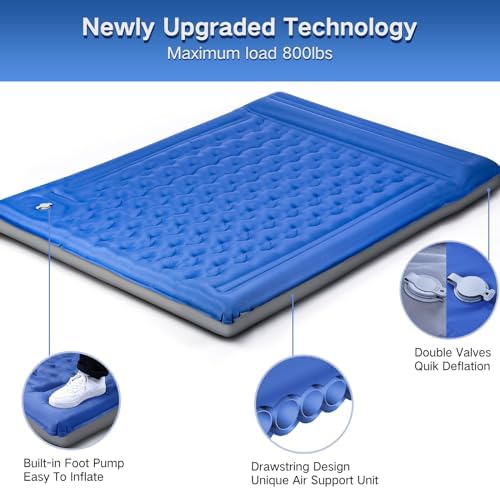 Double Sleeping Pad Camping, Self Inflating 6'' Extra-Thick 2 Person Pillow Built-in Foot Pump Waterproof Inflatable Sleeping Mat Backpacking, Tent, Hiking, Portable Camping Pad (Navy Grey)