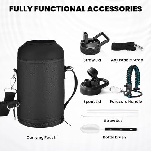 Insulated Water Bottle 64 oz, Triple Wall Vacuum Stainless Steel (Cold for 48 Hrs), Leak Proof & Non-BPA, Half Gallon Water Flask Jug with Paracord Handle & Straw Spout Lids