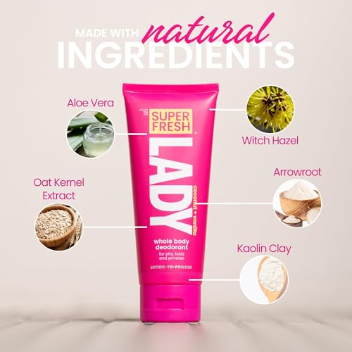Whole Body Deodorant for Women by Super Fresh Lady Aluminum Free Powder Lotion for Privates and Body Stops Odor and Chafing Coconut Vanilla Scent 4 oz Tubes Twin Pack for Daily Feminine Care