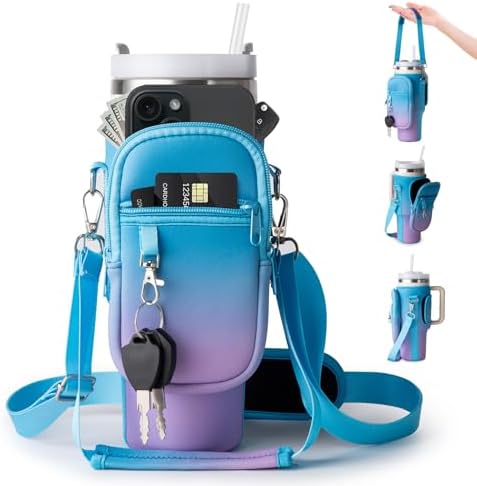 linmaya Water Bottle Carrier Bag with Phone Pocket for Stanley Cup 40/30oz,Insulated Neoprene Water Bottle Holder Cross-boday Bag with Adjustable Shoulder & Handheld Strap Stanley Cup Accessories