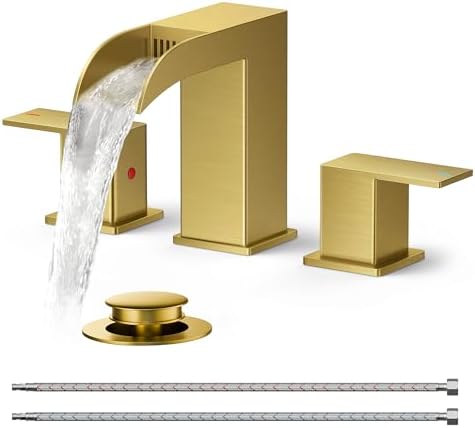 FORIOUS Square Brushed Gold Bathroom Faucets 3 Hole, Waterfall 8 Inch Widespread Bathroom Sink Faucet with Metal Pop-up Drain and Supply Lines, Two Handles for Vanity, Lavatory, Restroom