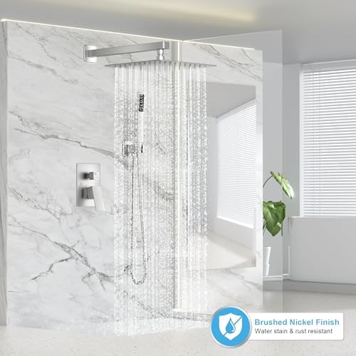 Shower Faucet Set Bathroom Square Rain Shower Head and Handle Set, Wall Mounted Shower Fixtures, Full Metal Trim Repair Kit 12 inch Brushed Nickel (With Shower Valve)