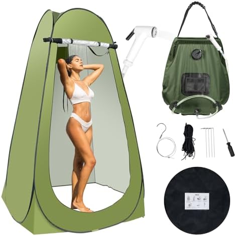 Portable Camping Privacy Tent, Outdoor Shower Tent Kit with 5 Gallon Shower Bag-(Nozzle Upgraded)