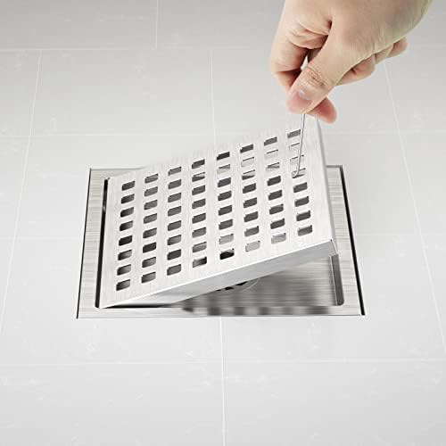 EXF 6 Inch Square Shower Drain Brushed Nickel, Stainless Steel Shower Floor Drain Kit with ABS Flange, Removable Grid Cover, Hair Strainer