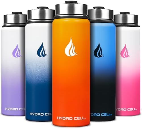 HYDRO CELL Stainless Steel Insulated Water Bottle with Straw - For Cold & Hot Drinks - Metal Vacuum Flask with Screw Cap and Modern Leakproof Sport Thermos for Adults (Red/Orange 24oz)