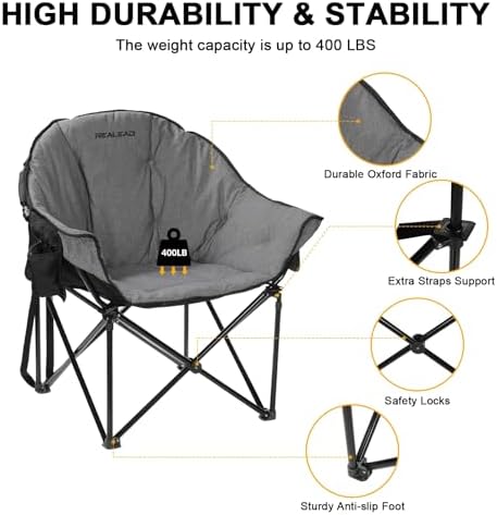 REALEAD Oversized Heated Camping Chair | Fully Thick Padded | Heated Chairs for Outdoor Sports with Back and Seat Heating | Heated Folding Chair for Adults | Support 400lbs | Battery NOT Included