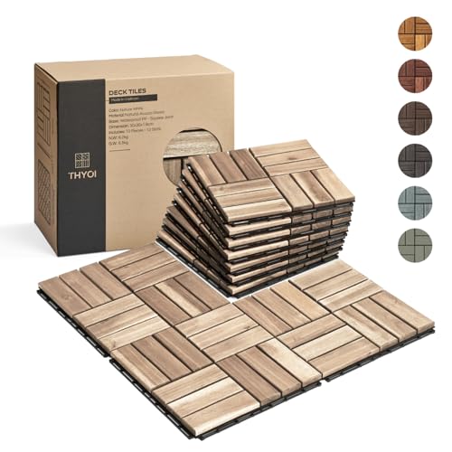 10 Pcs Interlocking Deck Tiles, Patio Flooring - Outdoor Waterproof Acacia Wood Tiles for All Weather Use - Balcony, Backyard, Indoor & Outdoor (White, 10 Pcs - 12.1 Square Ft)