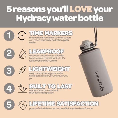 Hydracy Water Bottle with Time Marker -Large BPA Free Water Bottle & No Sweat Sleeve -Leak Proof Gym Bottle with Fruit Infuser Strainer & Times to Drink -Ideal for Fitness Sports & Outdoors