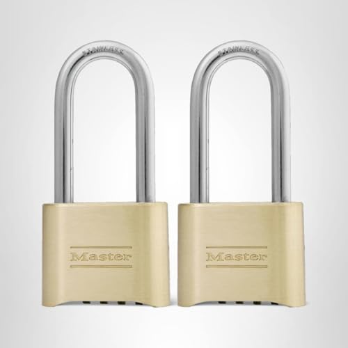 Master Lock Brass Combination Lock, Gate Lock for Outdoor Fence or Shed, Customizable Combination Padlock with Extended 2-1/4-Inch-Long Shackle, 2 Pack, 175LHEC2