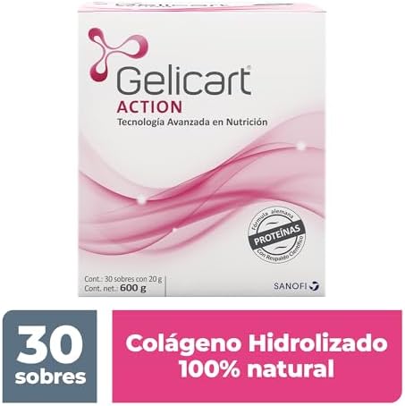 Gelicart Action Colágeno Hidrolizado 30 Sobres x 20 g. Suplemento Alimenticio en Polvo para Reconstruir. Sin Lactosa, Sin Azúcar, Sin Grasa y 100% Natural 1 Sobre al Día para Adultos Mayores a 12 Años