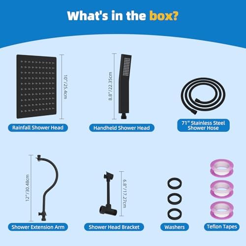 Hibbent All Metal Shower Head, 10'' High Pressure Rainfall Shower Head, Showerhead Combo, Handheld Shower Wand, 12'' Adjustable Curved Shower Extension Arm, 71'' Hose, Shower Head Holder, Matte Black