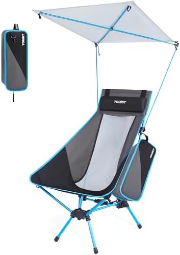 TOURIT Folding Beach Chair with Sunshade, Portable Camping Backpack Chair with Head Support, Low Profile, Lightweight High Back Design for Adults, UPF 50+ Sun Protection, Supports 380 lbs, Black