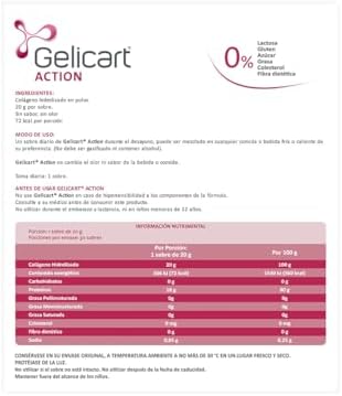 Gelicart Action Colágeno Hidrolizado 30 Sobres x 20 g. Suplemento Alimenticio en Polvo para Reconstruir. Sin Lactosa, Sin Azúcar, Sin Grasa y 100% Natural 1 Sobre al Día para Adultos Mayores a 12 Años