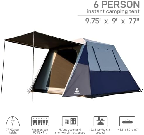 EVER ADVANCED 6 Person Blackout Camping Tent Instant Cabin Tents for Family with Rainfly, 60s Easy Setup, Water-Resistant Orange