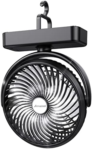 10000mAh Battery Operated Camping Fan with LED Light-7 inch USB Fan with Hanging Hook for Tent Car RV Hurricane Emergency Outage