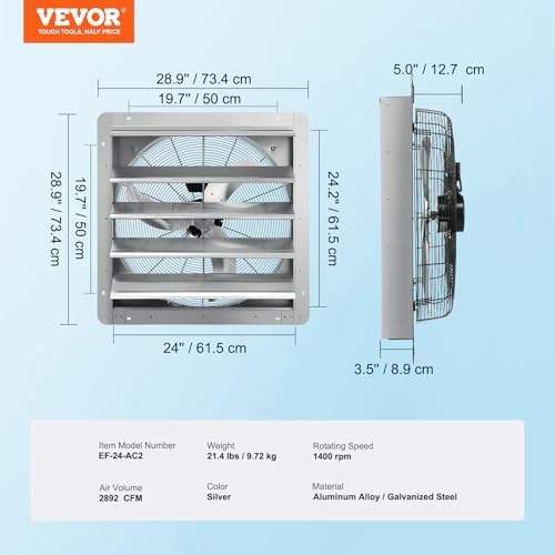 VEVOR 24 Inch Shutter Exhaust Fan Wall Mounted, High-Speed 3320CFM, Vent Fan For Garages, Shops, Greenhouse, Attic Ventilation, AC Motor, Fan Only