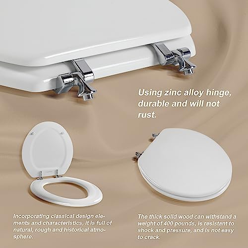 White Round Toilet Seat Natural Wood Toilet Seat with Zinc Alloy Hinges, Easy to Install also Easy to Clean, Scratch Resistant Toilet Seat by Angol Shiold (Round, White)