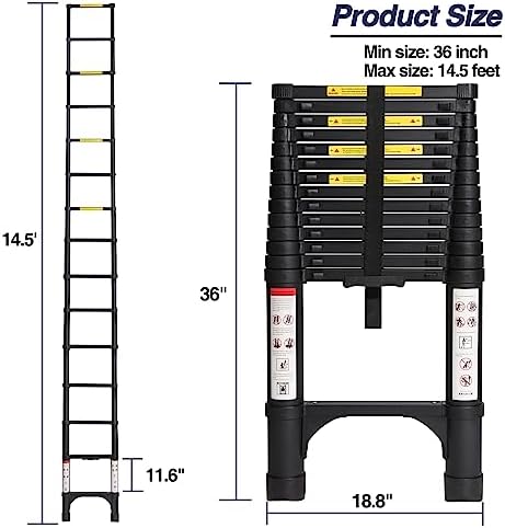 BOCOM 14.5 FT Aluminum Telescoping Ladder, Lightweight Multi-Purpose Collapsible Extension with 2 Triangle Stabilizers, Heavy Duty 330 lbs Max Capacity, Ideal for Home, RV, and Outdoor Work Black