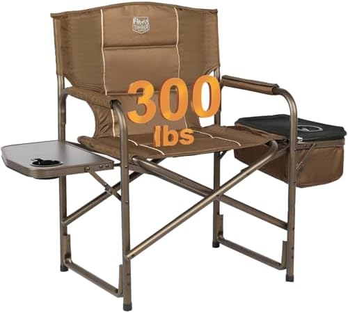 TIMBER RIDGE Folding Camping Chair with Cooler Bag, Director Chair Foldable with Side Table for Adults, Camp Chairs for Outdoor, Lawn, Sports, Fishing, Heavy Duty Supports 300lbs, Earth Brown