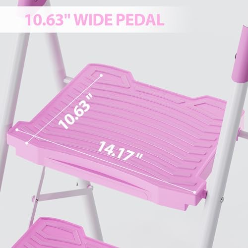 KINGRACK 3 Step Ladder, Sturdy Step Stool with Handrail, Anti-Slip Wide Pedals, 900lbs Foldable Step Stool for Home, Garage, Garden, Household, Large Loading Capacity, Pink