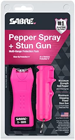 SABRE Pepper Spray & 2-in-1 Stun Gun with Flashlight, Self Defense Kit, Fast Flip Top Safety, Finger Grip for Better & Faster Aim, Painful 1.60 µC Charge, 120 Lumen LED Light, Rechargeable, 0.54 fl oz